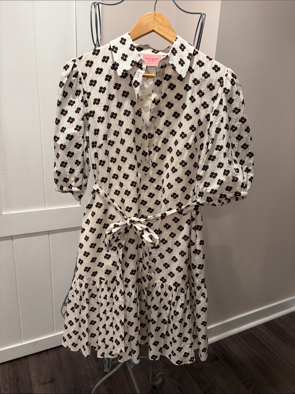 kate spade White Floral Tie-Waist Midi Dress with Black & Brown Flowers